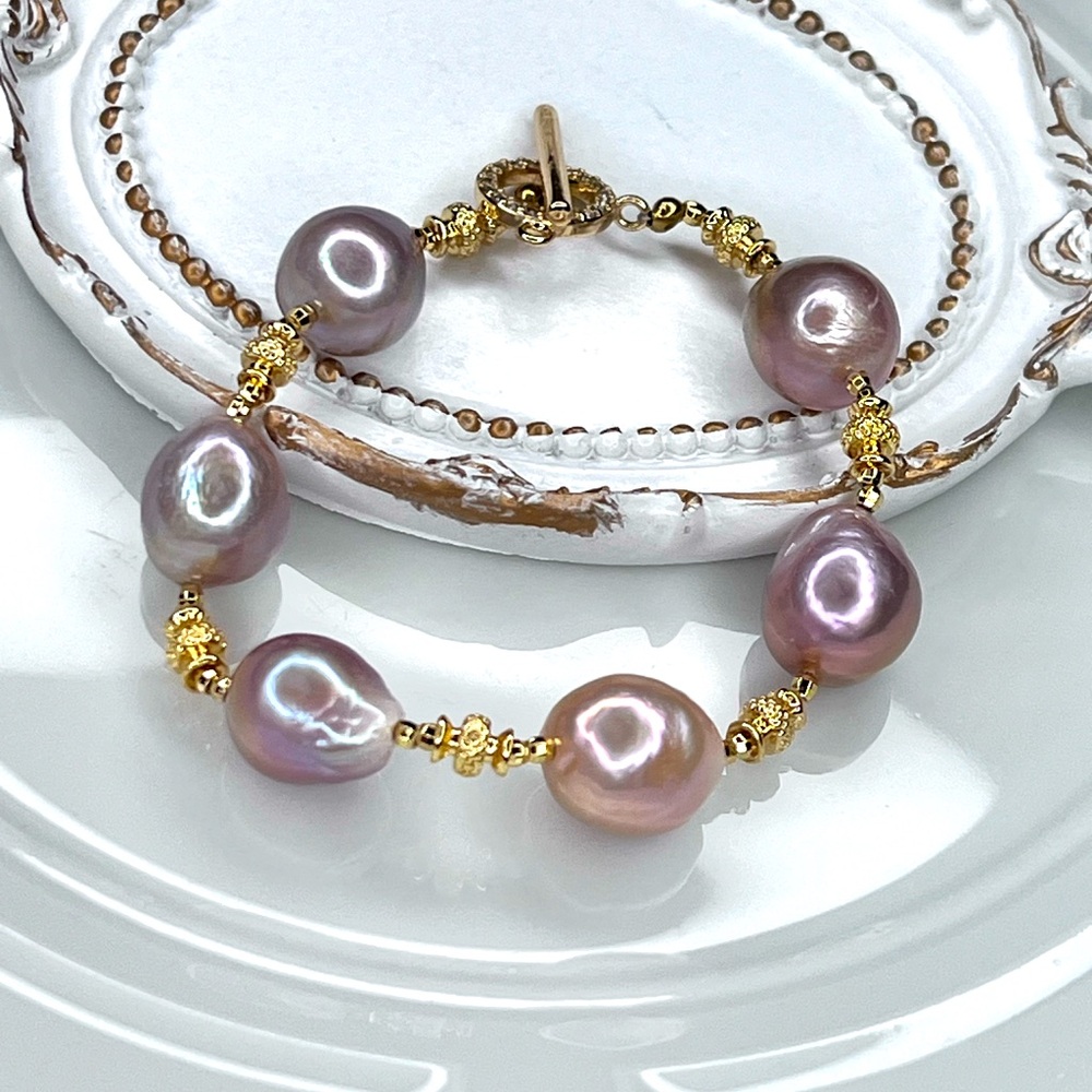 Handmade Freshwater Pink Edison Big Pearl Gold Plated Bracelet